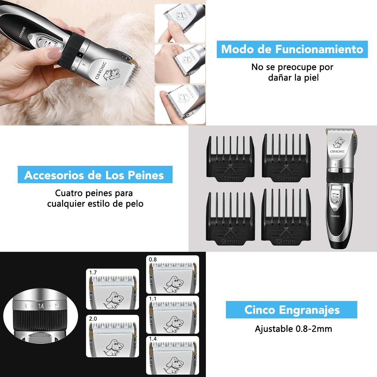  OMORC Cortapelos Perros Profesional, 2 Tipos de Tijeras, Cortaúñas,Lima de uñas y 4 Guías de Peine ,Cortapelos para Perros Inalámbrico Carga Rápida y Bajo Ruido para Perros, Gatos y Otros Animales 