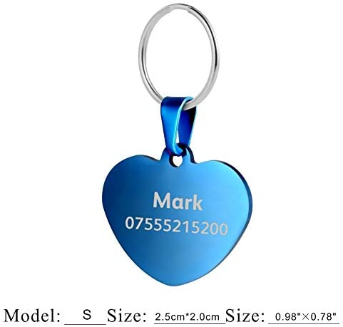  BKDZ Etiquetas de identificación de Mascotas de Acero Inoxidable Etiquetas de Perro Personalizadas Personalizadas Grabado Frontal/Posterior para Gato y Perro con (S, Corazon Azul) 