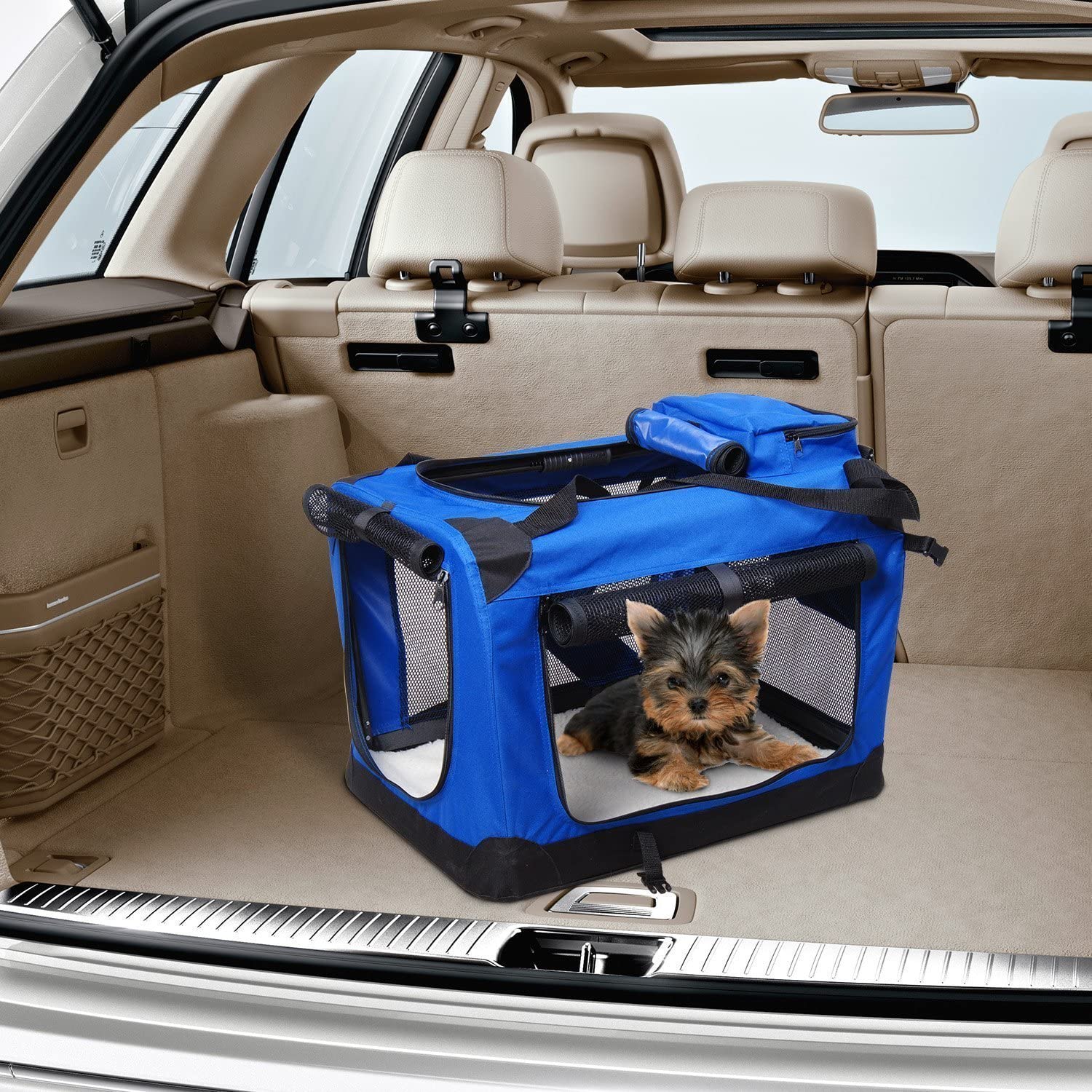  Bolsa de Transporte Perros Gatos Mascotas Viaje Tubo de Acero 4 Entradas, Medidas 60 x 42 x 42 cm, Color Azul/Negro, Pawhut 