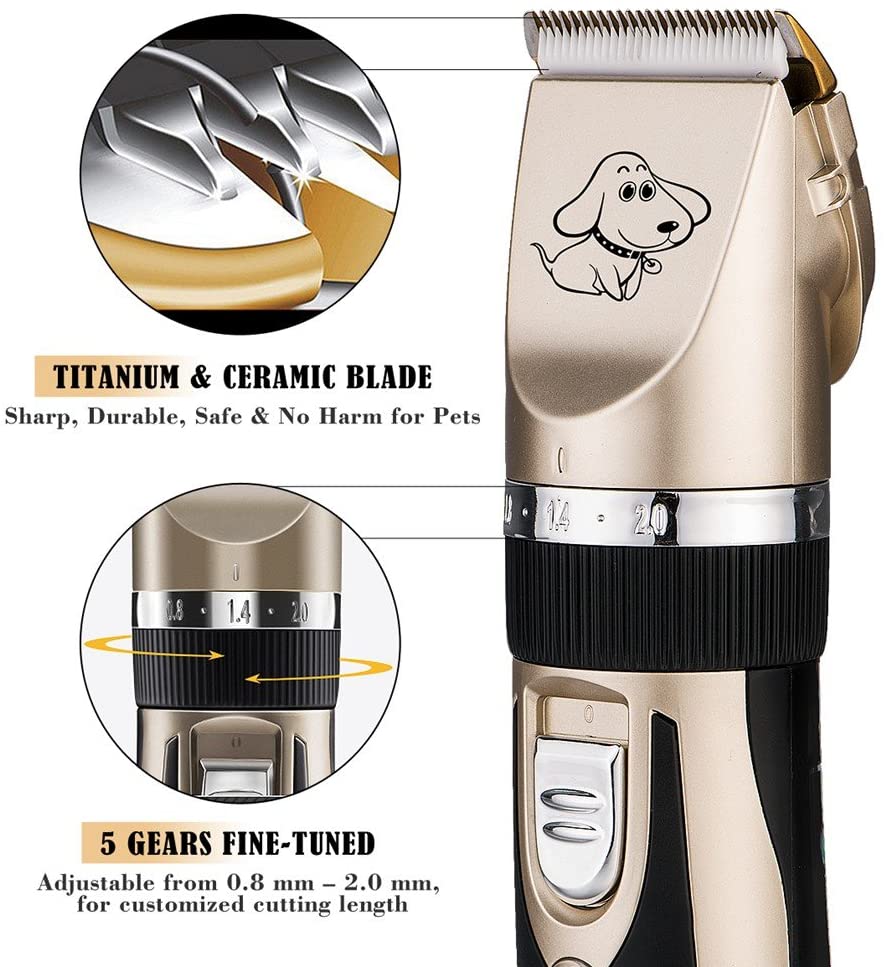  Cortapelos para Perros NuoYo Cortapelos Profesionales para Perros Eléctricos Recargable Sin Hilos con 4 Peines Adaptable Tijeras y Peine de Acero para Limpiar el Pelo del Perro / Gato-Oro 