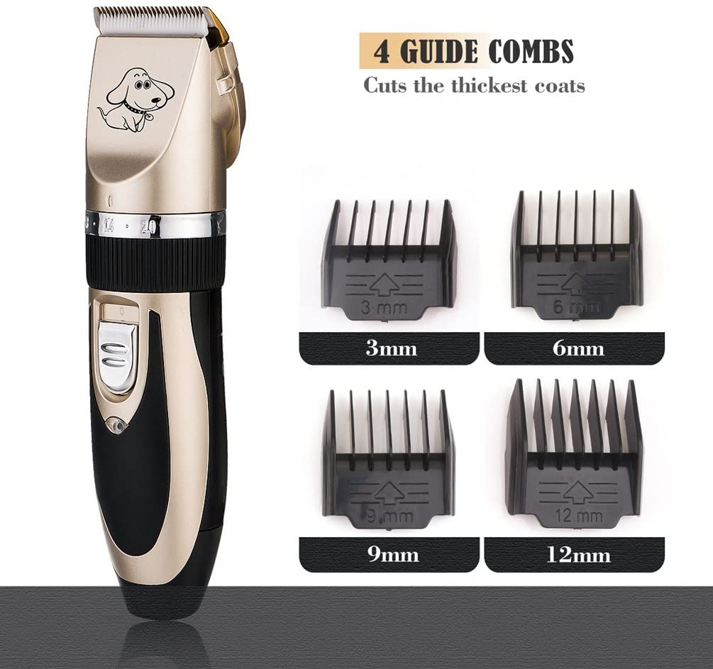 Cortapelos para Perros NuoYo Cortapelos Profesionales para Perros Eléctricos Recargable Sin Hilos con 4 Peines Adaptable Tijeras y Peine de Acero para Limpiar el Pelo del Perro / Gato-Oro 