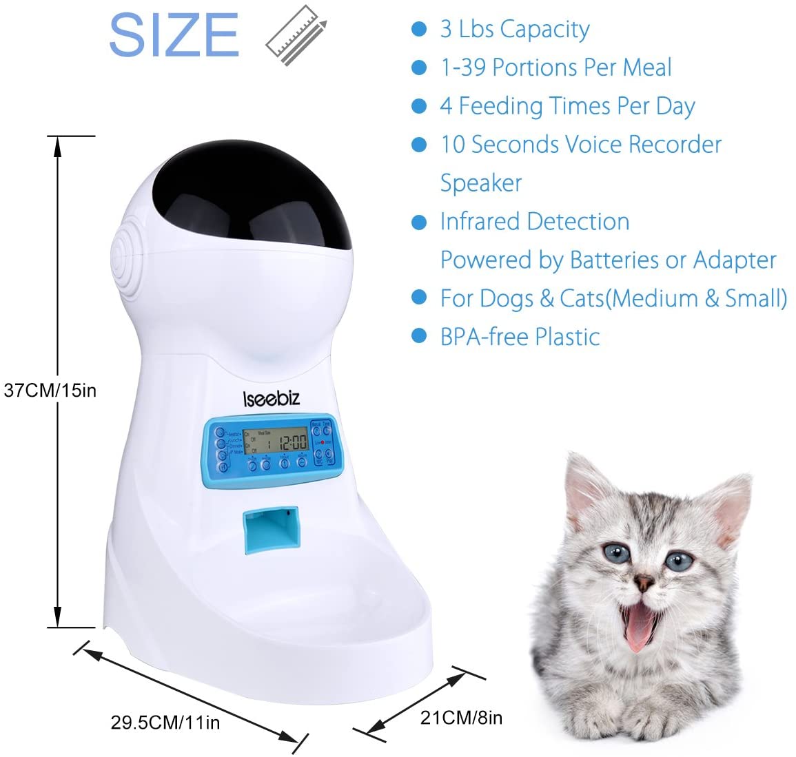  Iseebiz Comedero Automtico Gatos/Perros Dispensador Comida para Mascotas con Recordatorio por Voz y Temporizador Programable, Pantalla LCD,3 Litro 