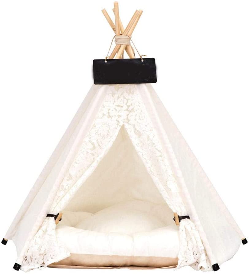  Zhuotop - Tienda de campaña para mascotas con encaje. Cama para perros y gatos, tipi, extraíble, lavable, casa de juegos con cojín 