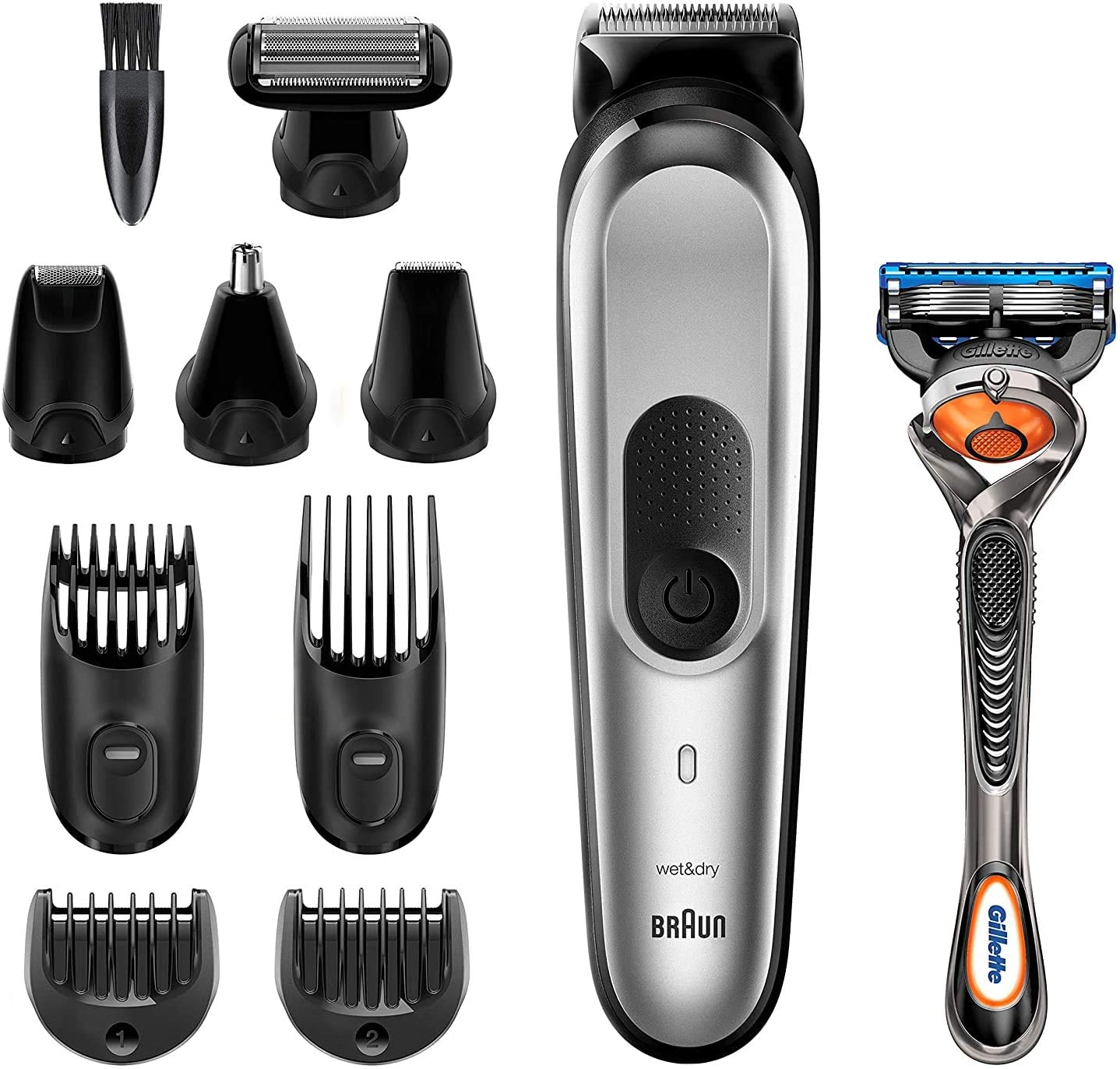  Braun Recortadora MGK7220 10 en 1, Máquina recortadora de barba, set de depilación corporal y cortapelos para hombre, color gris plateado 