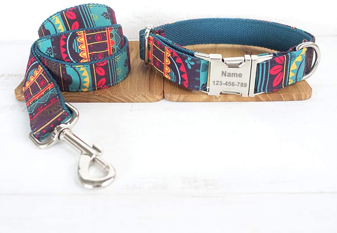  Conjunto Personalizado de Collar de Perro Estilo Bohemio Ajustable Correa Para Mascotas Conjunto de Etiquetas Etiqueta Para Perros Grabado con láser Adecuado Para Perros Grandes, Medianos y Pequeños 