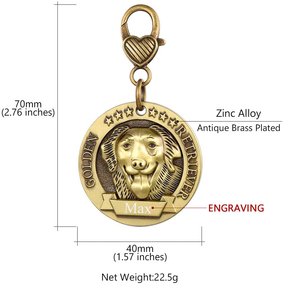  Custom4U Placa de Identidad para Perros Etiquetas Redondas Zinc 3D Relieve Dog Tag Personalizado con Nombres Grabados para Golden Retriever 