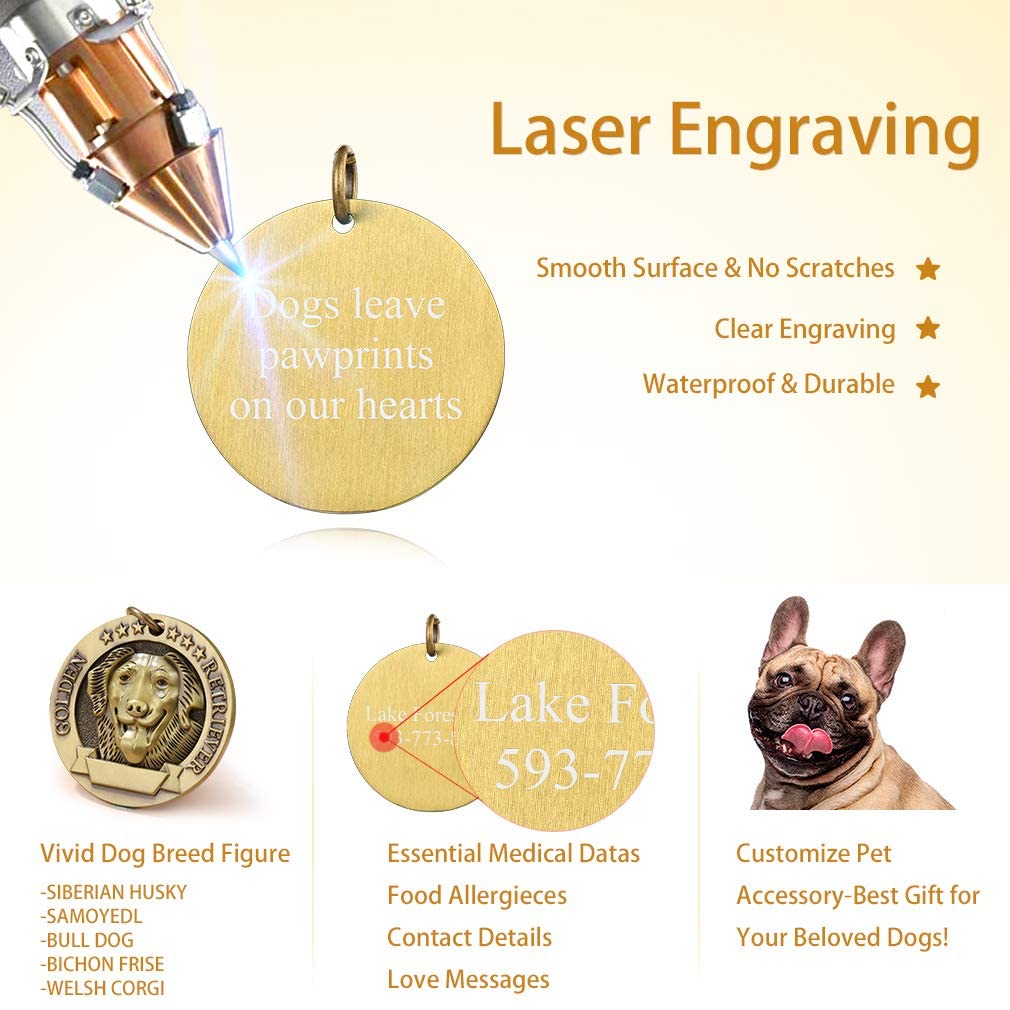  Custom4U Placa de Identidad para Perros Etiquetas Redondas Zinc 3D Relieve Dog Tag Personalizado con Nombres Grabados para Golden Retriever 