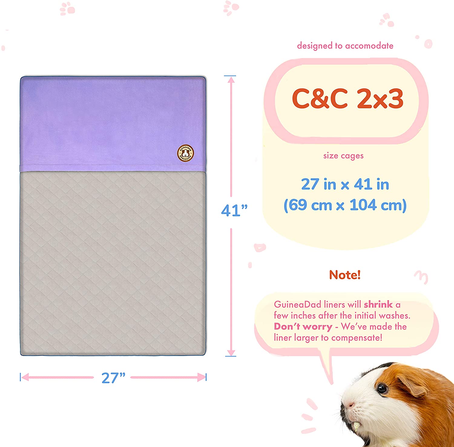  GuineaDad Fleece Liner 2.0 Conejillo de Indias del paño Grueso y Suave de la Jaula Liners Conejillo de Indias de Ropa de Cama de madriguera Manga Bolsillo a Prueba de Agua Disponibles C&C 2x3 Púrpura 