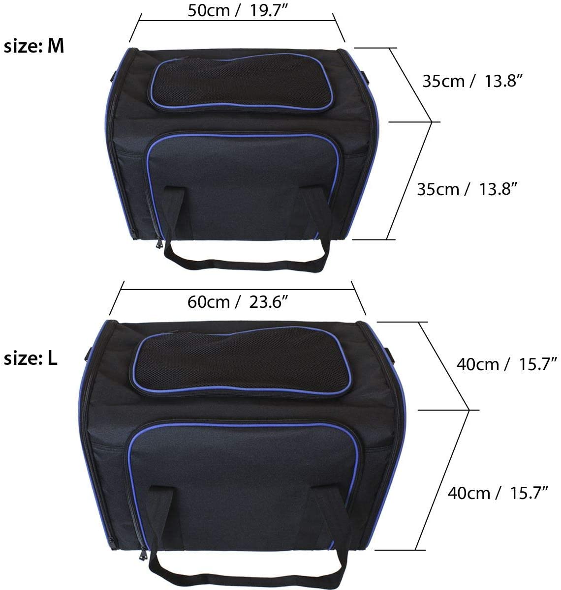  igadgitz Xtra U6999 - Trasportin Mascotas - Negro/Borde Azul - XL 40 x 40 x 60 cm 