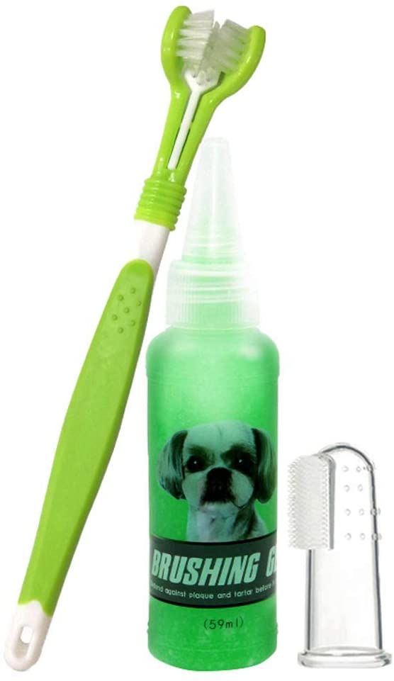  Kit de cepillos de dientes y pasta de dientes de gel para perros y gatos, set de limpieza de dientes de 3 lados para el cuidado dental, para eliminar placas, sarro y cálculo, para respiración fresca 