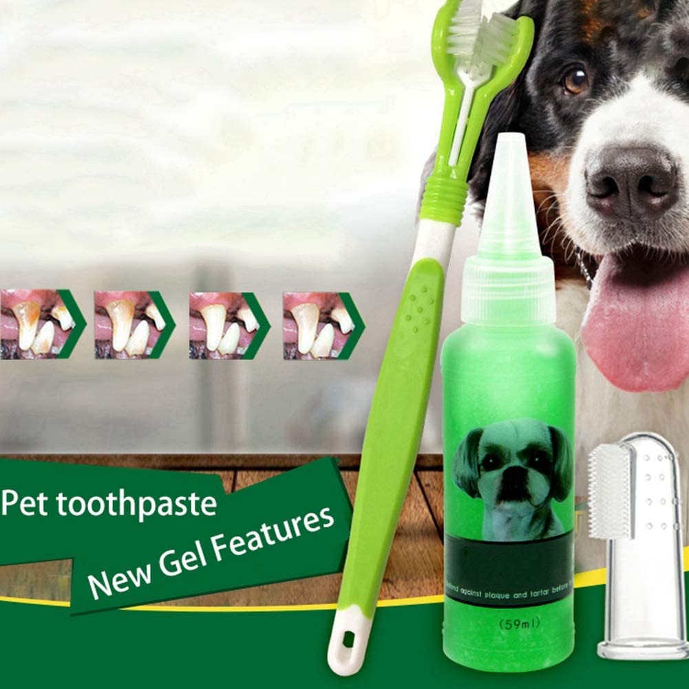  Kit de cepillos de dientes y pasta de dientes de gel para perros y gatos, set de limpieza de dientes de 3 lados para el cuidado dental, para eliminar placas, sarro y cálculo, para respiración fresca 
