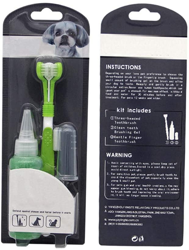  Kit de cepillos de dientes y pasta de dientes de gel para perros y gatos, set de limpieza de dientes de 3 lados para el cuidado dental, para eliminar placas, sarro y cálculo, para respiración fresca 