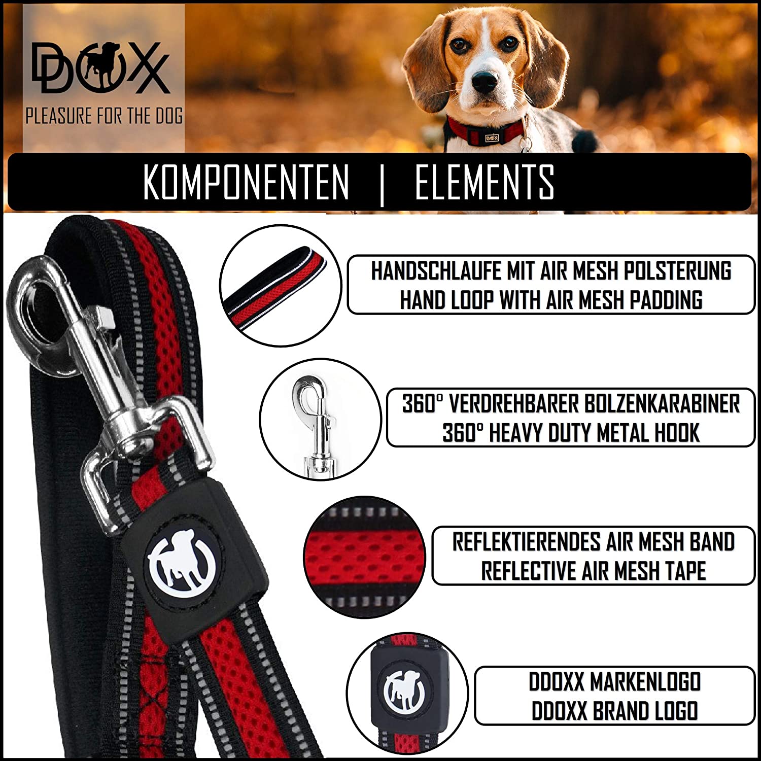  DDOXX Correa Perro Air Mesh, Reflectante, Acolchado, Lazo de Mano, 120 cm | Diferentes Colores & Tamaños | para Perros Pequeño, Mediano y Grande | Accesorios Gato Cachorro | Rojo, S 