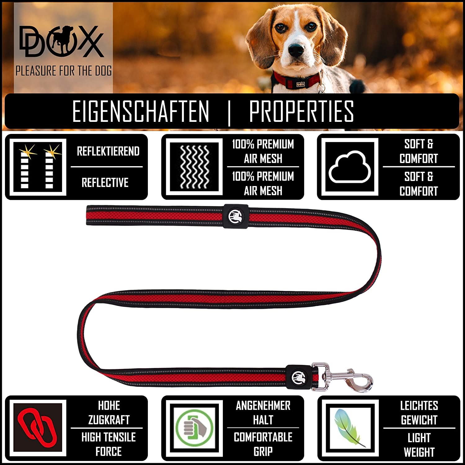  DDOXX Correa Perro Air Mesh, Reflectante, Acolchado, Lazo de Mano, 120 cm | Diferentes Colores & Tamaños | para Perros Pequeño, Mediano y Grande | Accesorios Gato Cachorro | Rojo, S 