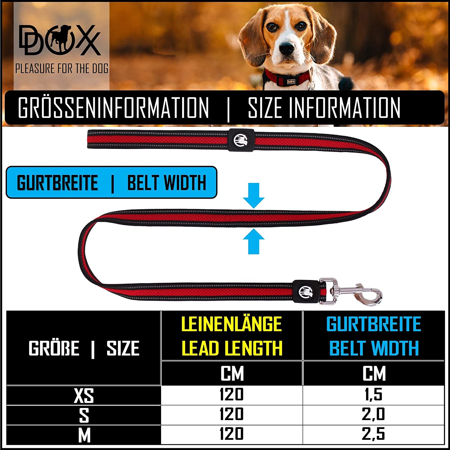  DDOXX Correa Perro Air Mesh, Reflectante, Acolchado, Lazo de Mano, 120 cm | Diferentes Colores & Tamaños | para Perros Pequeño, Mediano y Grande | Accesorios Gato Cachorro | Rojo, S 