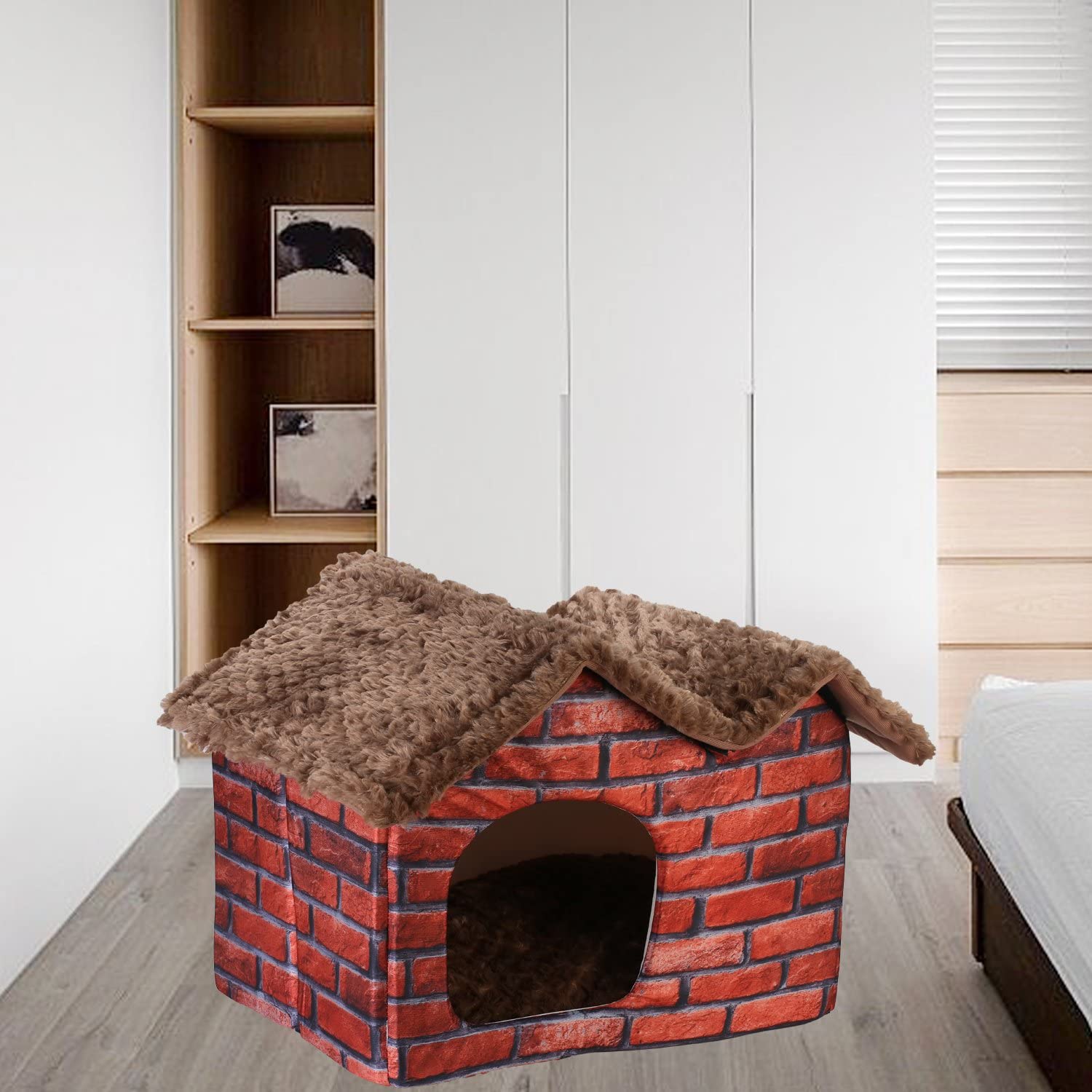  DoubleBlack Cama Caseta Casa Tela para Perros Gatos Plegable Cojines Casitas Mascota Iglu Pequenos Colchon Habitacion Interior Patrón de Ladrillo 