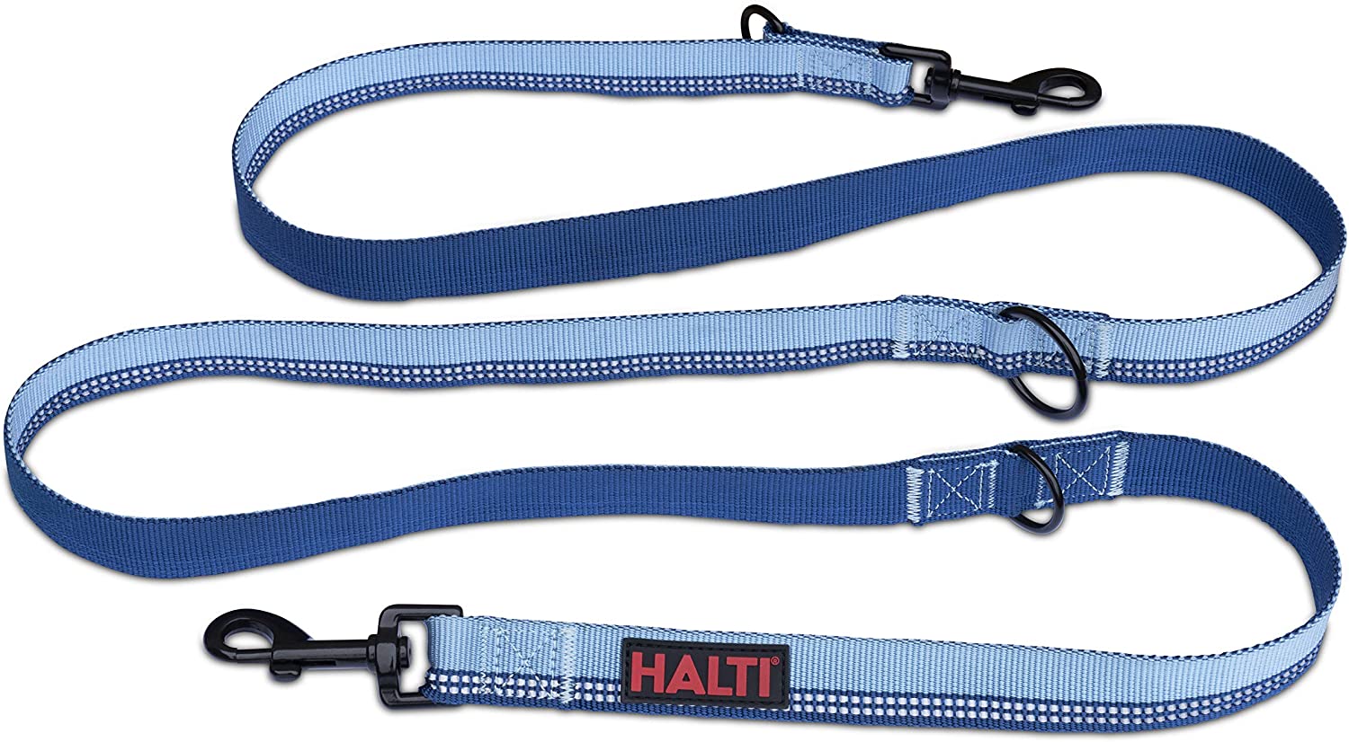 Halti Correa Multifuncional de Doble Punta, con Tira Reflectante y 2 Clips de gatillo Reforzados. Color Azul Bicolor con Tira Reflectante, L 