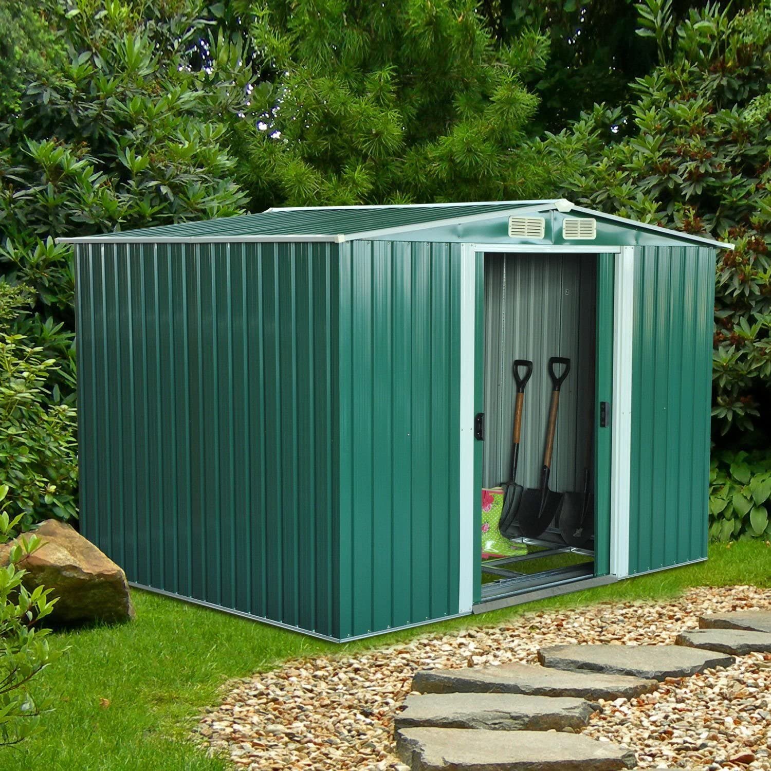  Outsunny Cobertizo Metálica Tipo Caseta de Jardín Terrazas Galvanizado Almacén para Herramientas Jardinería 246x192,5x177,5cm 