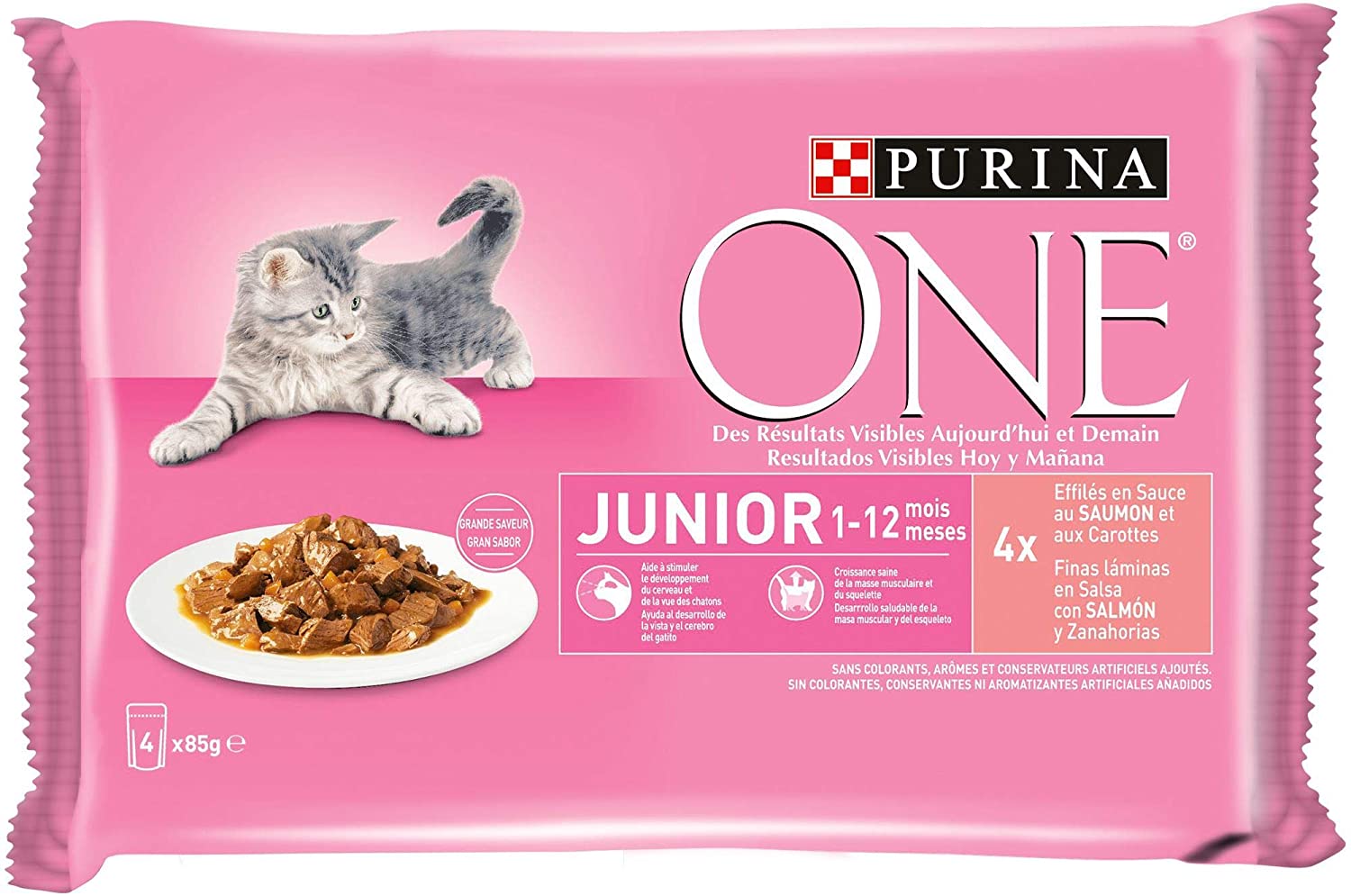  Purina ONE comida húmeda para gato, gatito, junior, gatos hasta 1 año filetes en salsa con salmón 12 x [4 x 85 g] 