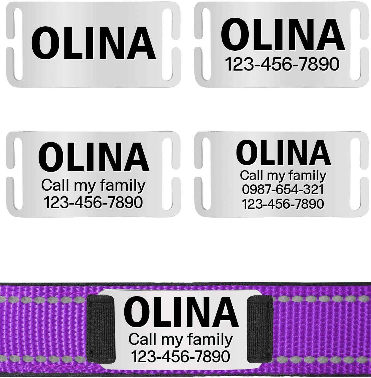  TagME Collar de Perro Reflectante Personalizado,Placa de Acero Inoxidable,Grabado con Nombre y Número de Teléfono,Deslizar en Las Etiquetas de Identificación del Perro,Púrpura 