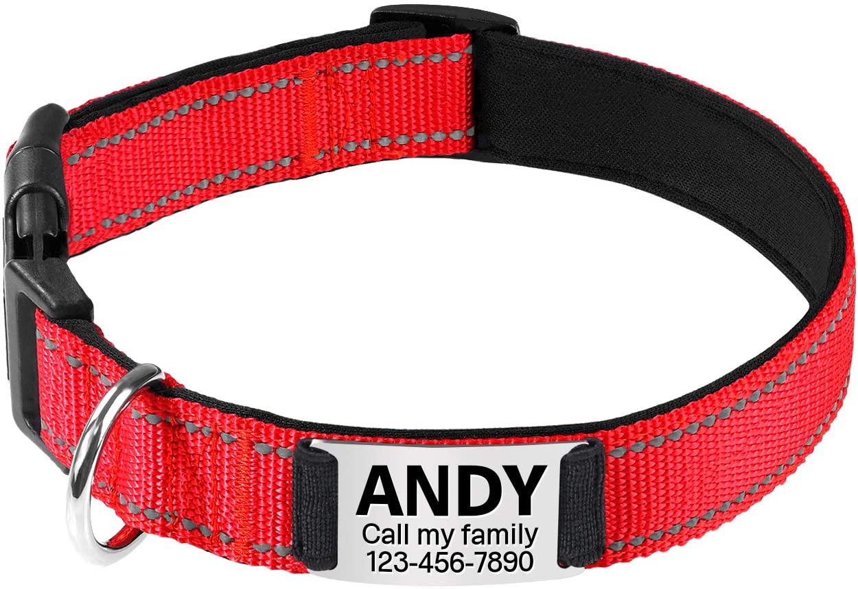  TagME Collar de Perro Reflectante Personalizado,Placa de Acero Inoxidable,Grabado con Nombre y Número de Teléfono,Deslizar en Las Etiquetas de Identificación del Perro,Rojo 