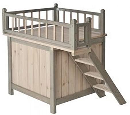  Casa de madera para perros o gatos, para usar en el interior del hogar, acabado en color gris y blanco Con una terraza y un dormitorio acogedor, ¡es un hogar para perros y gatos distinguidos! 