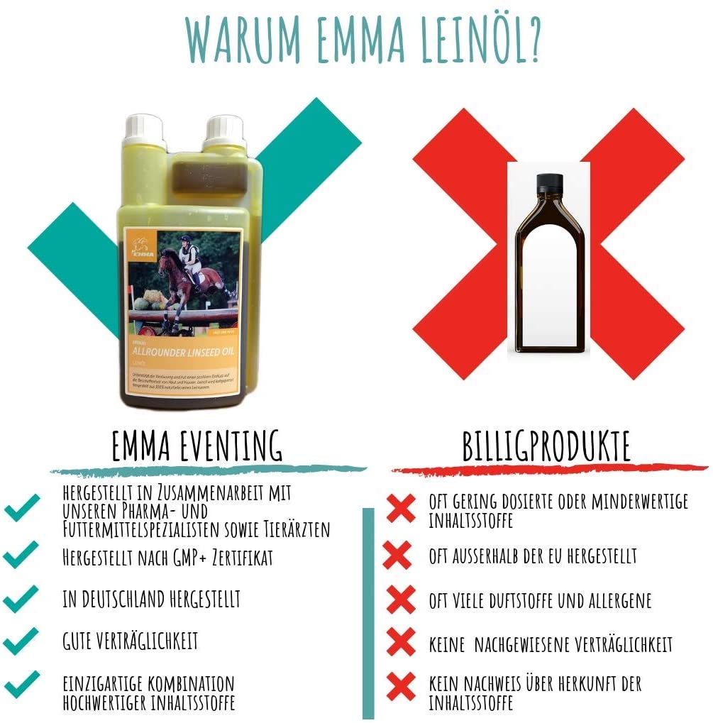  EMMA ♥ Aceite de linaza para Caballos pienso para Caballos complemento alimenticio I ácidos grasos Omega 3-6 en Aceite I prensado en frío I vitaminas A, D y E I para Pelo Brillante y energía 1 litro 