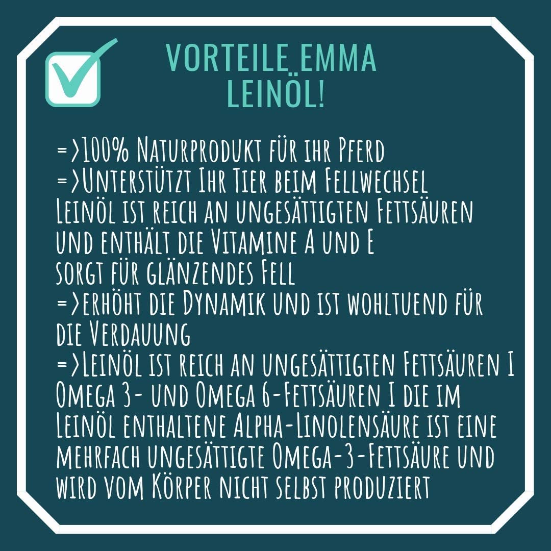  EMMA ♥ Aceite de linaza para Caballos pienso para Caballos complemento alimenticio I ácidos grasos Omega 3-6 en Aceite I prensado en frío I vitaminas A, D y E I para Pelo Brillante y energía 1 litro 