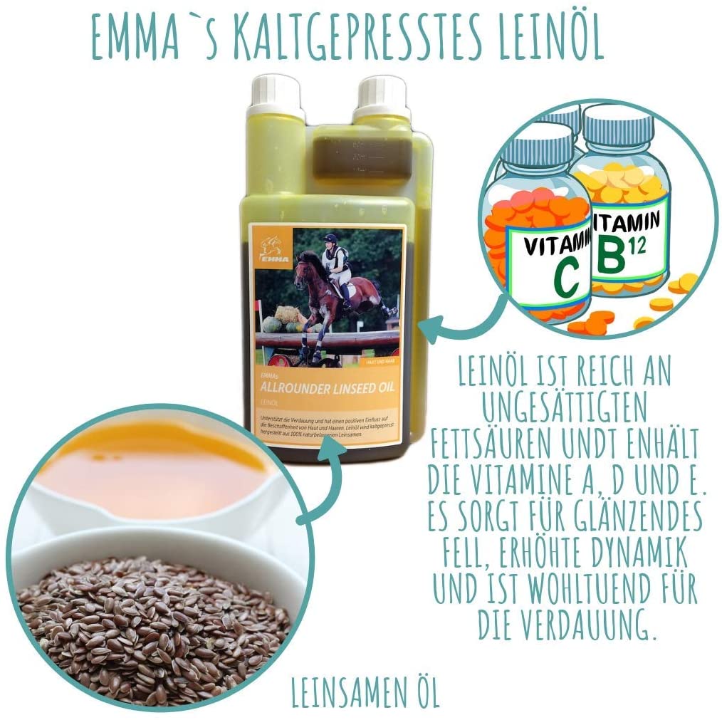  EMMA ♥ Aceite de linaza para Caballos pienso para Caballos complemento alimenticio I ácidos grasos Omega 3-6 en Aceite I prensado en frío I vitaminas A, D y E I para Pelo Brillante y energía 1 litro 