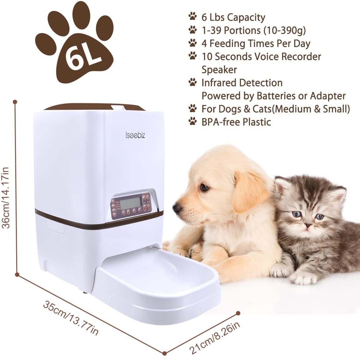  Iseebiz Comedero Automatico Mascota 6litros Alimentador Comida para Perros/ Gatos con Recordatorio por Voz y Temporizador Programable, Pantalla LCD 