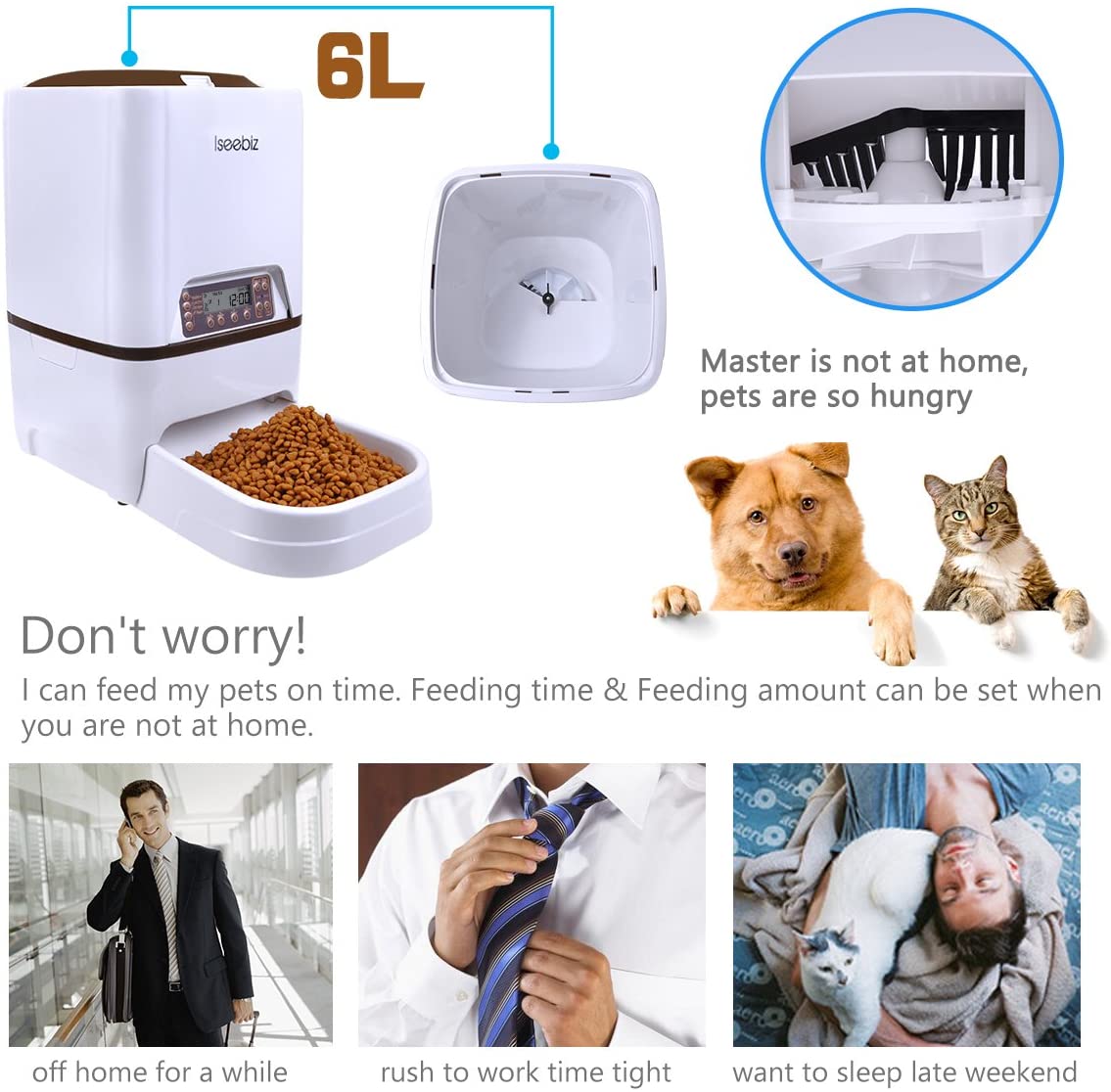  Iseebiz Comedero Automatico Mascota 6litros Alimentador Comida para Perros/ Gatos con Recordatorio por Voz y Temporizador Programable, Pantalla LCD 