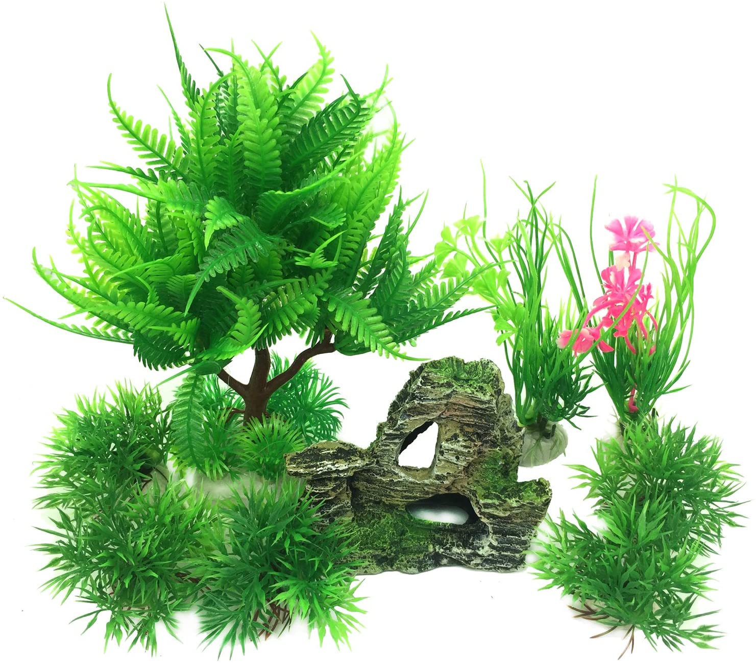  PietyPet - Decoración para pecera, 9 plantas verdes de acuario de plástico y acuario, arrecife de montaña, cueva de roca, resina, pecera, decoración para pecera 