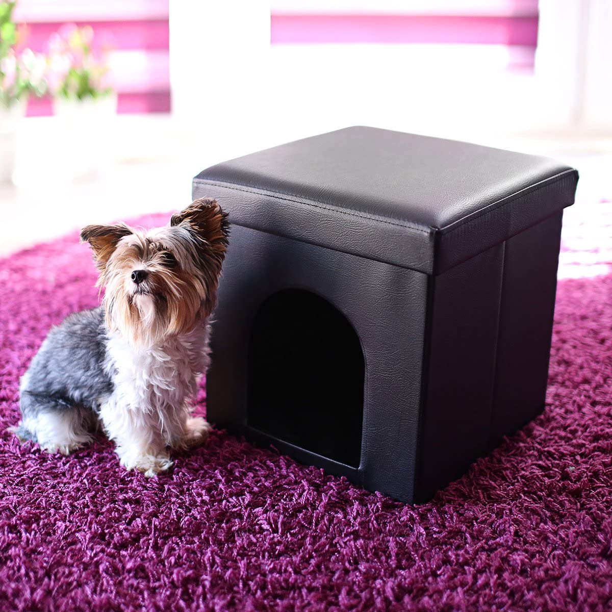  Relaxdays Taburete Casa para Perros Plegable, Piel sintética, Negro, 38 x 38 x 38 cm 