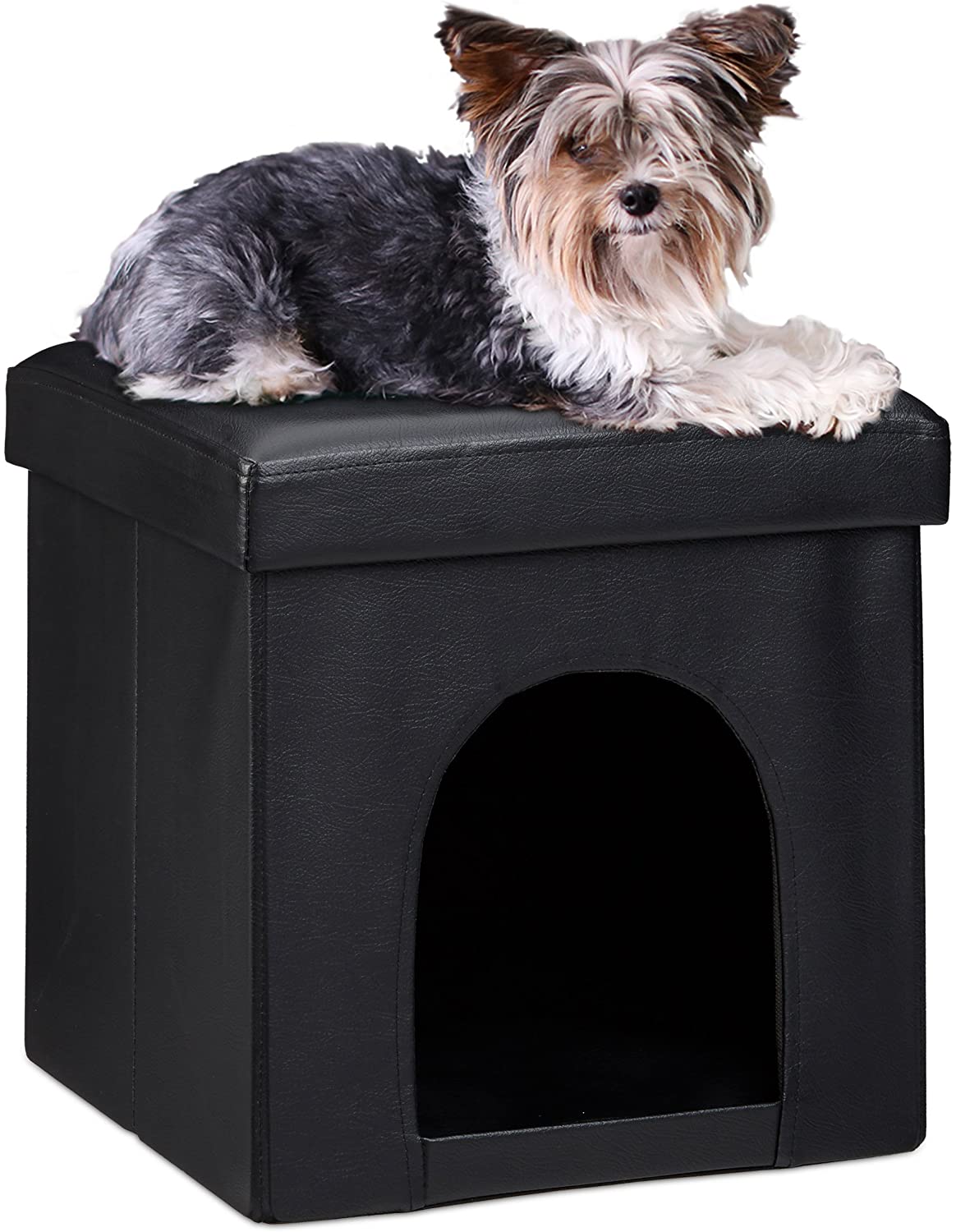  Relaxdays Taburete Casa para Perros Plegable, Piel sintética, Negro, 38 x 38 x 38 cm 