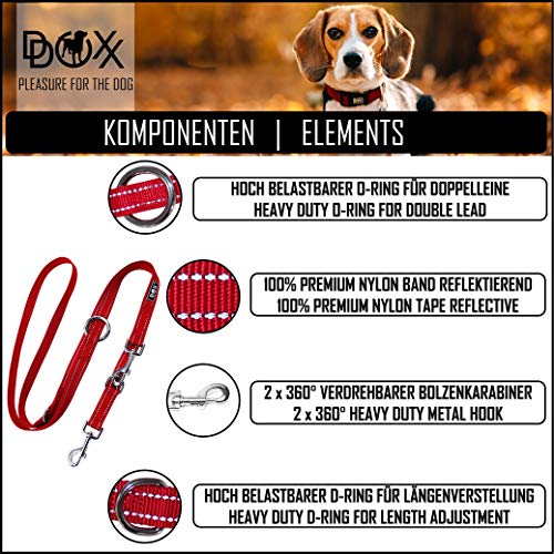 DDOXX Correa Perro Multiposición Nylon Reflectante, Ajustable en 3 tamaños, 2 m | Diferentes Colores & Tamaños | para Perros Pequeño, Mediano y Grande | Correa Doble 2 Gato Cachorro | S, Rojo, 2m