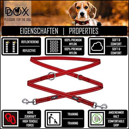 DDOXX Correa Perro Multiposición Nylon Reflectante, Ajustable en 3 tamaños, 2 m | Diferentes Colores & Tamaños | para Perros Pequeño, Mediano y Grande | Correa Doble 2 Gato Cachorro | S, Rojo, 2m