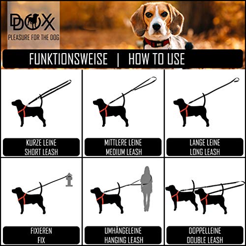 DDOXX Correa Perro Multiposición Nylon Reflectante, Ajustable en 3 tamaños, 2 m | Diferentes Colores & Tamaños | para Perros Pequeño, Mediano y Grande | Correa Doble 2 Gato Cachorro | S, Rojo, 2m