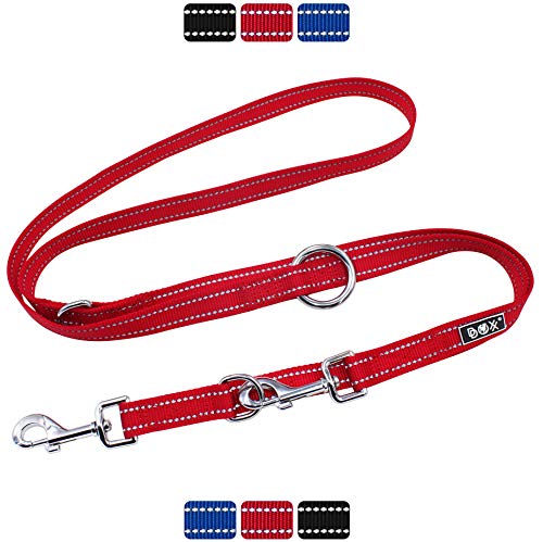 DDOXX Correa Perro Multiposición Nylon Reflectante, Ajustable en 3 tamaños, 2 m | Diferentes Colores & Tamaños | para Perros Pequeño, Mediano y Grande | Correa Doble 2 Gato Cachorro | S, Rojo, 2m