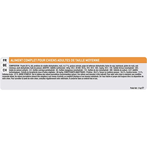PURINA Pro Plan Comida Seco para Perro Adulto Mediano con Optibalance, Sabor Pollo - 3 Kg