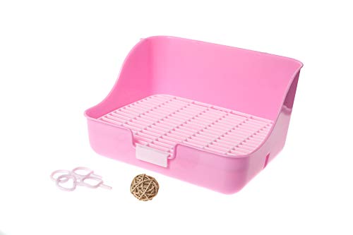 Silvergent Arenero de Esquina para Conejos, con Rejilla para Entrenamiento (Rosa), Completa con Juguete de Mimbre para Masticar para Animales pequeños