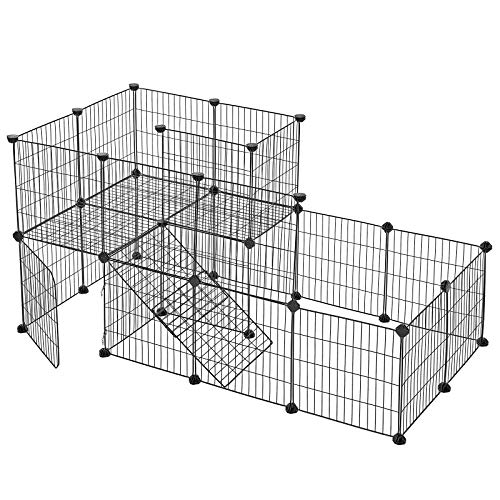 SONGMICS Parque para Mascotas, 1,5 Niveles, Jaula Modular, para Animales Pequeños, Hámsters, Conejos, Cobayas, Paneles de Malla Metálica, Uso Interior, 143 x 73 x 71 cm, Negro LPI06H