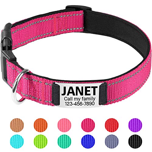TagME Collar de Perro Reflectante Personalizado,Placa de Acero Inoxidable,Grabado con Nombre y Número de Teléfono,Deslizar en Las Etiquetas de Identificación del Perro,Rosado