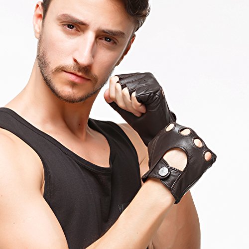 Nappaglos hombres de cuero guantes de conducir italiano medio dedo guantes fingerless sin forro de piel de cordero para la motocicleta Ciclismo Equitacion (S (Palm circunferencia: 8.1"), Brown)