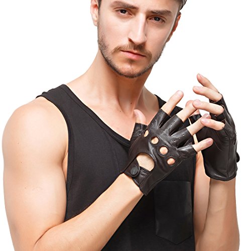 Nappaglos hombres de cuero guantes de conducir italiano medio dedo guantes fingerless sin forro de piel de cordero para la motocicleta Ciclismo Equitacion (S (Palm circunferencia: 8.1"), Brown)