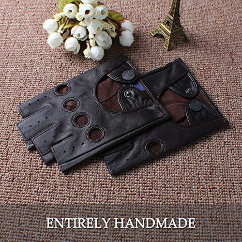 Nappaglos hombres de cuero guantes de conducir italiano medio dedo guantes fingerless sin forro de piel de cordero para la motocicleta Ciclismo Equitacion (S (Palm circunferencia: 8.1"), Brown)