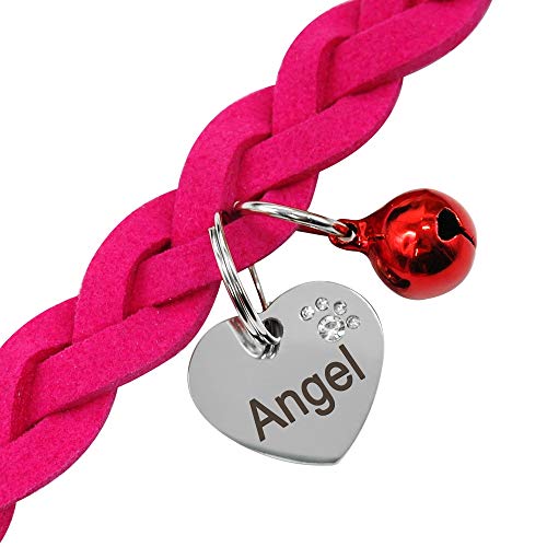 Sonwaohand Ante Cuero Personalizado Perro Gato Collar Gratis Grabado Cachorro Gatito Campana Collares Trenzados Cuello Cinturón con Corazón Grabado ID Etiqueta XS Negro