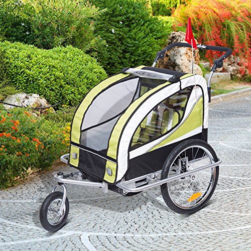 HOMCOM Remolque para Bicicleta tipo Carro con Barra de Paseo para Niños de 2 Plazas con Rueda Delantera Giratoria 360° y Asiento Acolchado Carga Máx. 40kg (Verde)