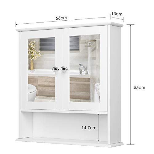 Homfa Armario de Baño con Espejo Armario de Pared Armario de Cocina o Medicina Blanco 2 Puertas y 3 Estanterías MDF 56x13x58cm