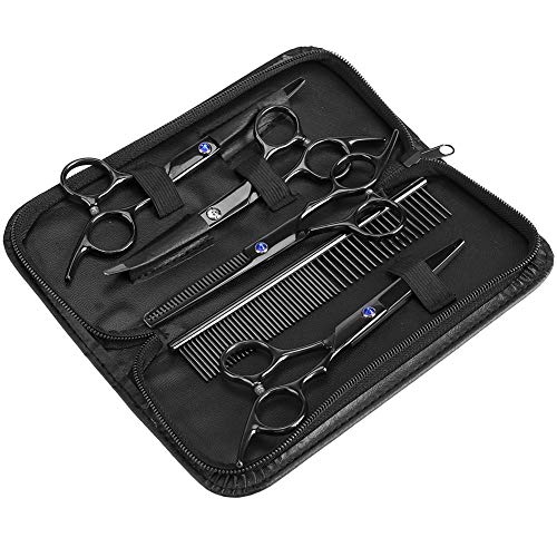 Kit de tijeras para peluquería canina, paquete de 7 Tijeras de peluquería para mascotas profesional de corte rápido y seguro de acero inoxidable, rosa roja, conjunto con tijera y peine de cizalla curv
