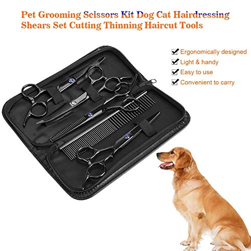 Kit de tijeras para peluquería canina, paquete de 7 Tijeras de peluquería para mascotas profesional de corte rápido y seguro de acero inoxidable, rosa roja, conjunto con tijera y peine de cizalla curv